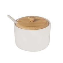 Cukřenka Orion - se lžičkou, porcelánová se dřevem, bílá, průměr 9,5 cm